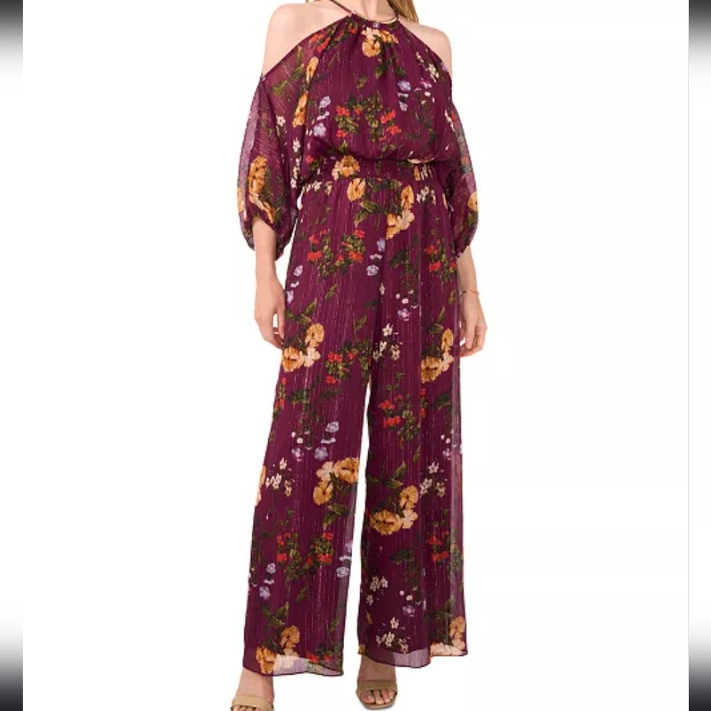 MSK Petite Printed Cold-Shoulder Smocked-Waist Jumpsuit‎ Sz Large